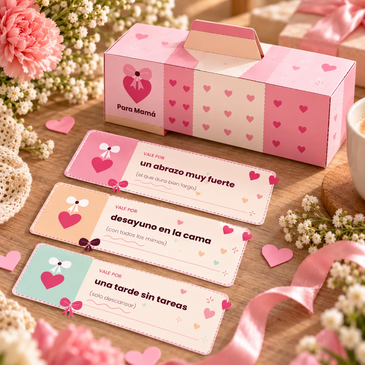 Kit imprimible Día de la Madre: tarjeta, cupones, caja y bolsita para armar, tags y cuadro — imagen 3 de 4