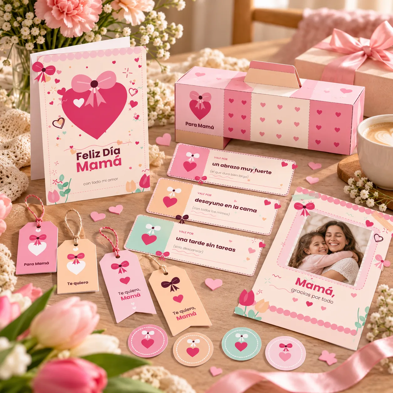 Kit imprimible Día de la Madre: tarjeta, cupones, caja y bolsita para armar, tags y cuadro
