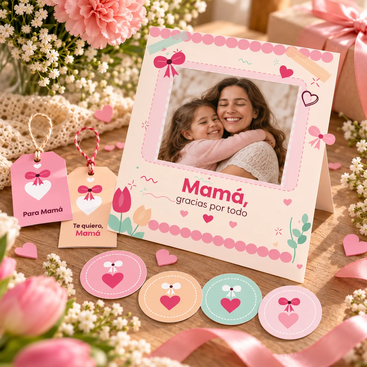 Kit imprimible Día de la Madre: tarjeta, cupones, caja y bolsita para armar, tags y cuadro — imagen 2 de 4